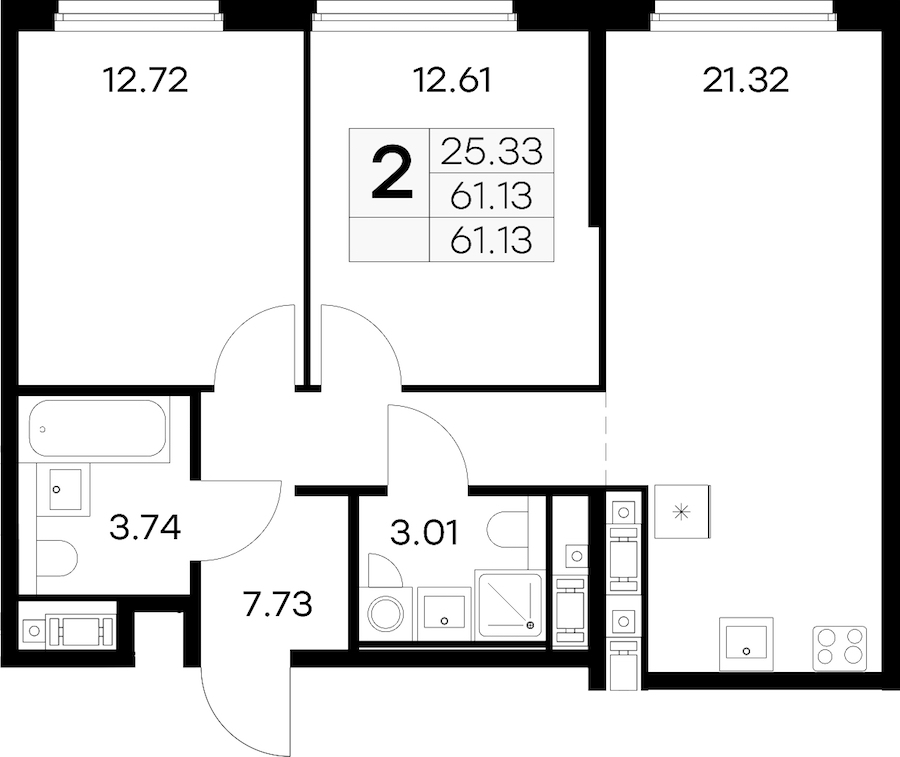 2-комнатная квартира 61.13 м², 6/18 эт., ЖК «Glorax City Василеостровский»